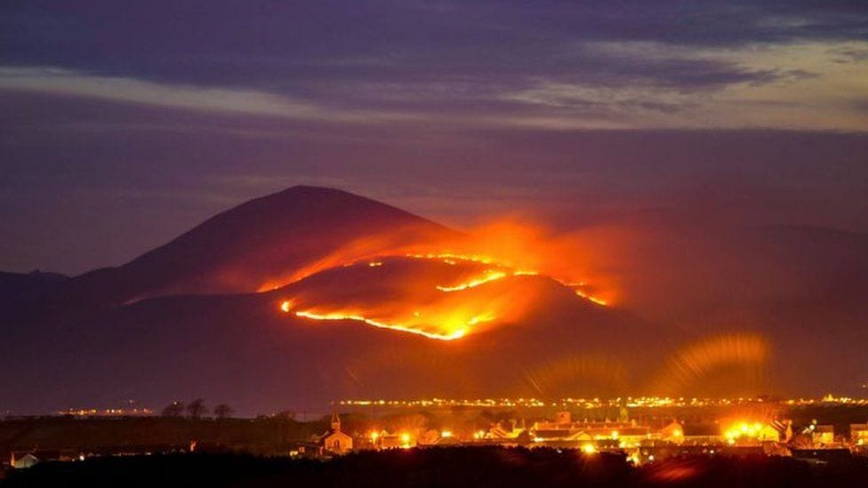 Un grand feu d'ajonc flambe dans les montagnes de Mourne - Zenova